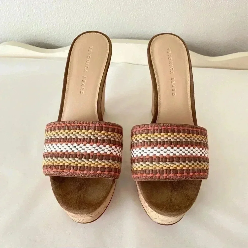 New W/ Box Veronica Beard Dali Multi Woven Raffia Leather Cork Wedge Sandal 9